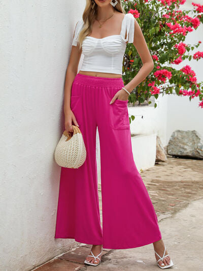 Pocketed Elastic Waist Wide Leg Pants - Drazelle Store