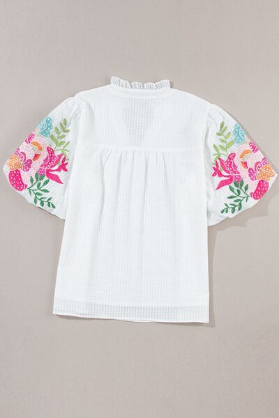 Floral Embroidered Puff Sleeve Notched Blouse - Drazelle Store