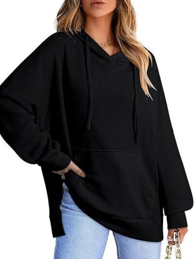 Drawstring Slit Long Sleeve Hoodie - Drazelle Store