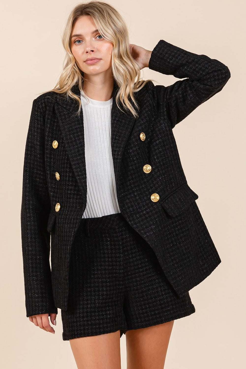 Plaid Texture Double-Breasted Long Sleeve Blazer - Drazelle Store