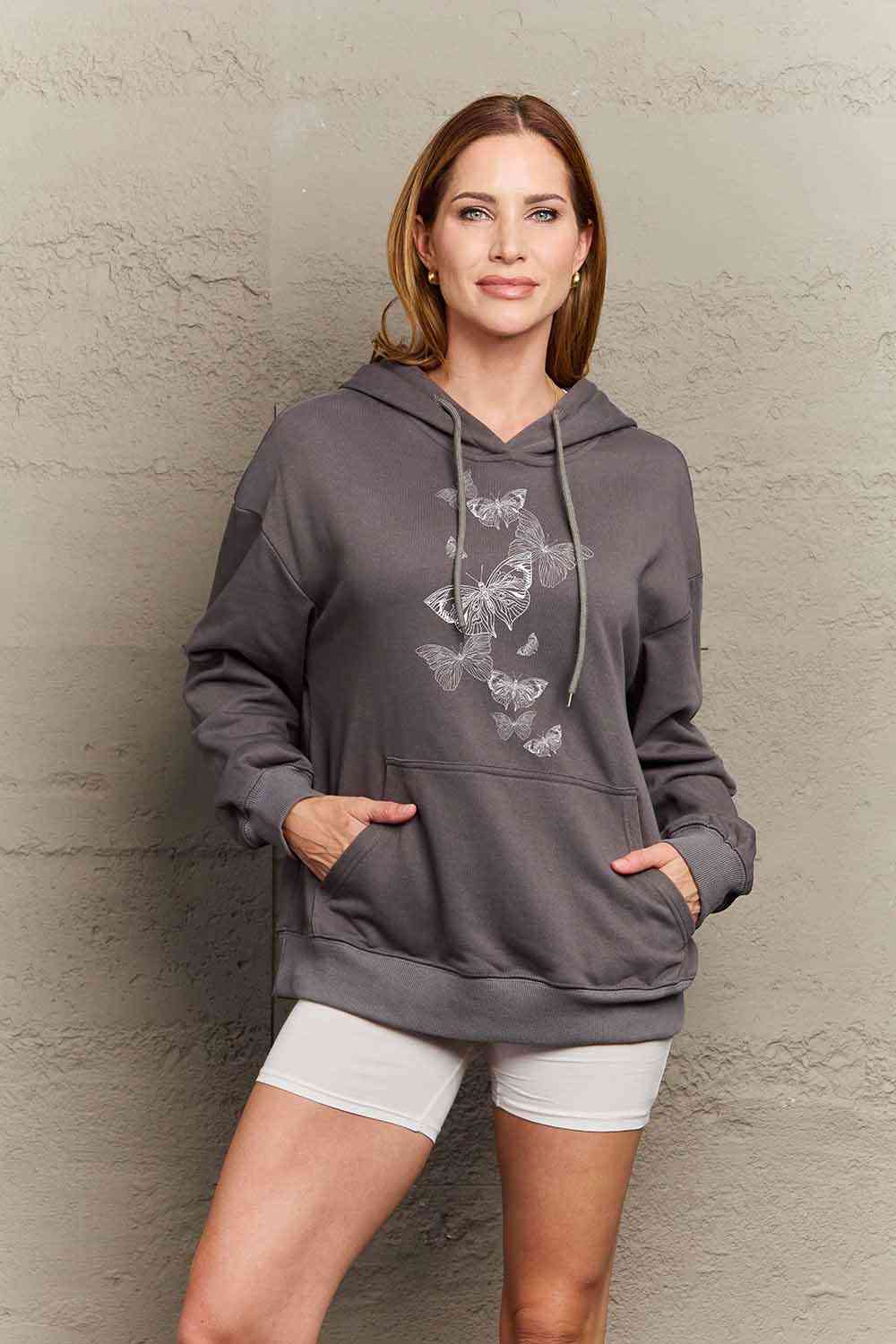 Full Size Dropped Shoulder Butterfly Graphic Hoodie - Drazelle Store