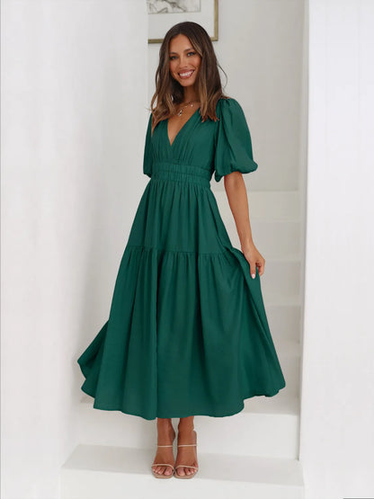 Tiered Surplice Half Sleeve Midi Dress - Drazelle Store