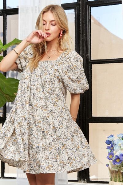 ADORA Floral Square Neck Puff Sleeve Dress - Drazelle Store