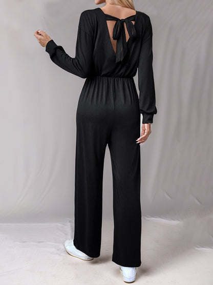 Tied Round Neck Wide Leg Jumpsuit - Drazelle Store