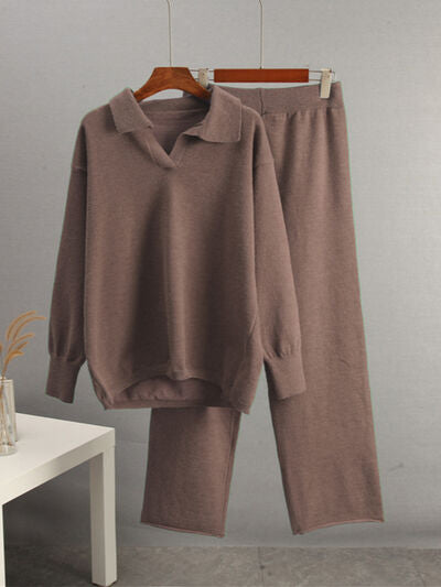 Johnny Collar Long Sleeve Top and Pants Sweater Set - Drazelle Store