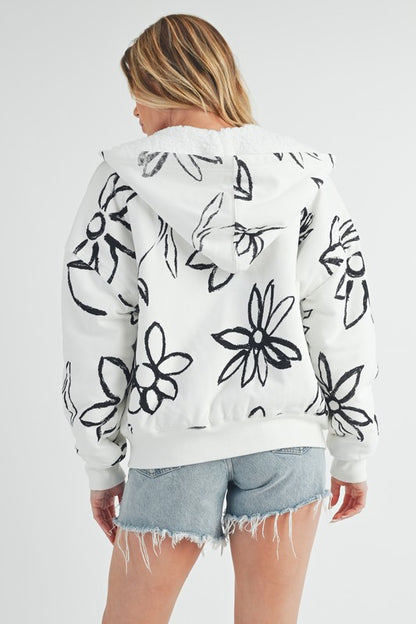 Flower Print Zip Up Sherpa Hoodie - Drazelle Store