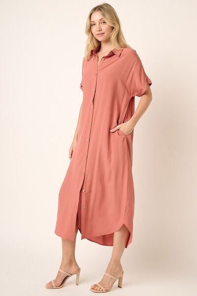 Mittoshop Collared Neck Dolman Short Sleeve Midi Shirt Dress - Drazelle Store