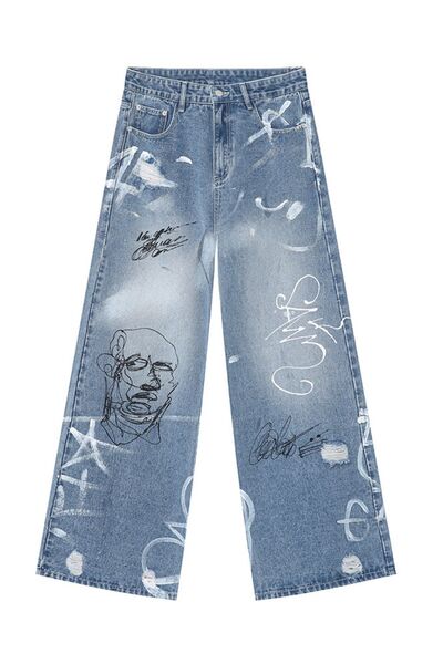 Mid Rise Graffiti Print Distressed Wide Leg Jeans - Drazelle Store