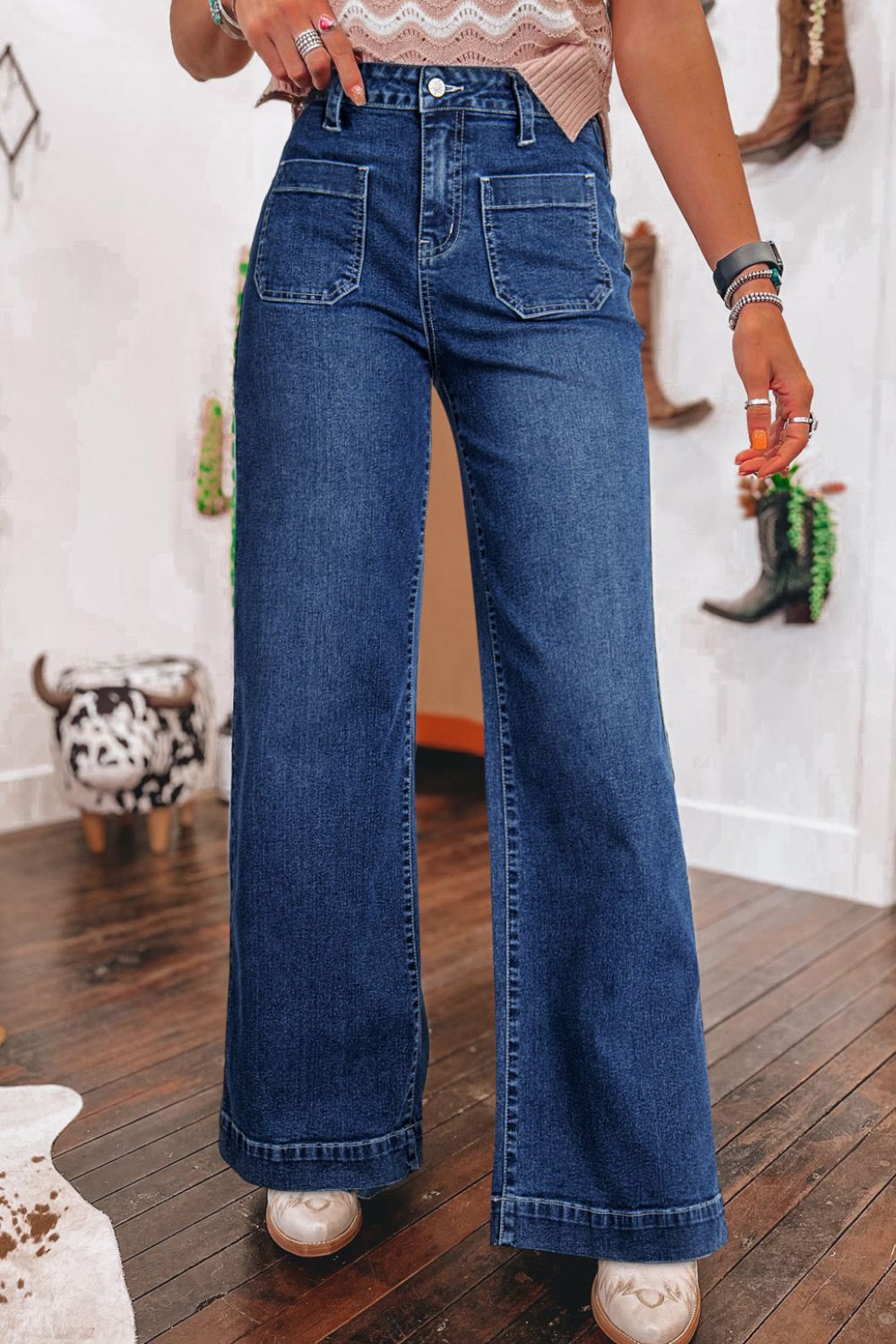 Front Pocket Patch High Waisted Wide Leg Jeans - Drazelle Store