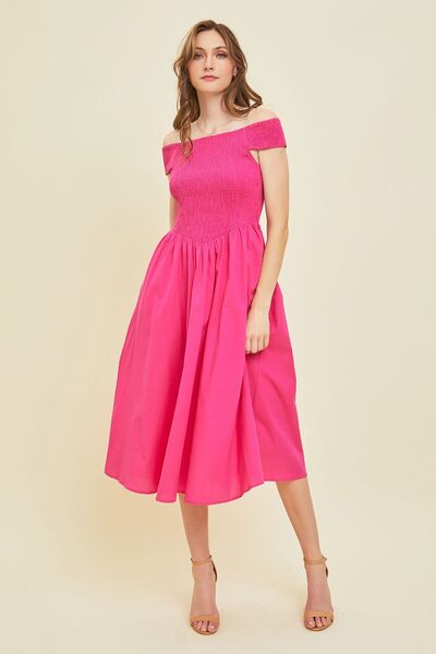 HEYSON Off-Shoulder Smocked Midi Dress - Drazelle Store