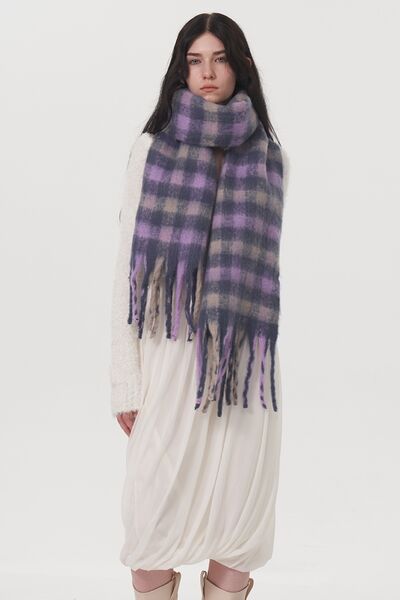 Fringe Plaid Polyester Scarf - Drazelle Store