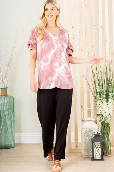 Heimish Full Size Ruffled Sleeve Tie Dye Top Plus Size - Drazelle Store