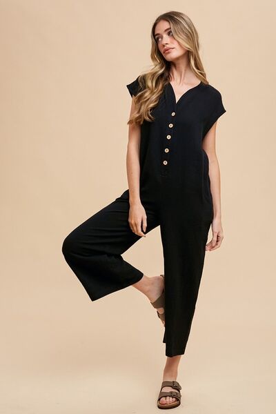 Annie Wear Button Detail Wide Leg Jumpsuit with Pockets - Drazelle Store