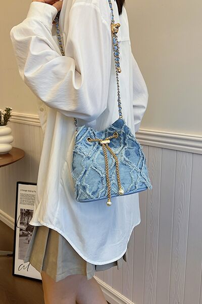 Chain Drawstring Raw Edge Denim Bucket Bag - Drazelle Store