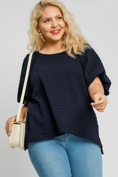 Umgee Full Size Boxy Cut Jacquard Round Neck Top with Side Slit - Drazelle Store