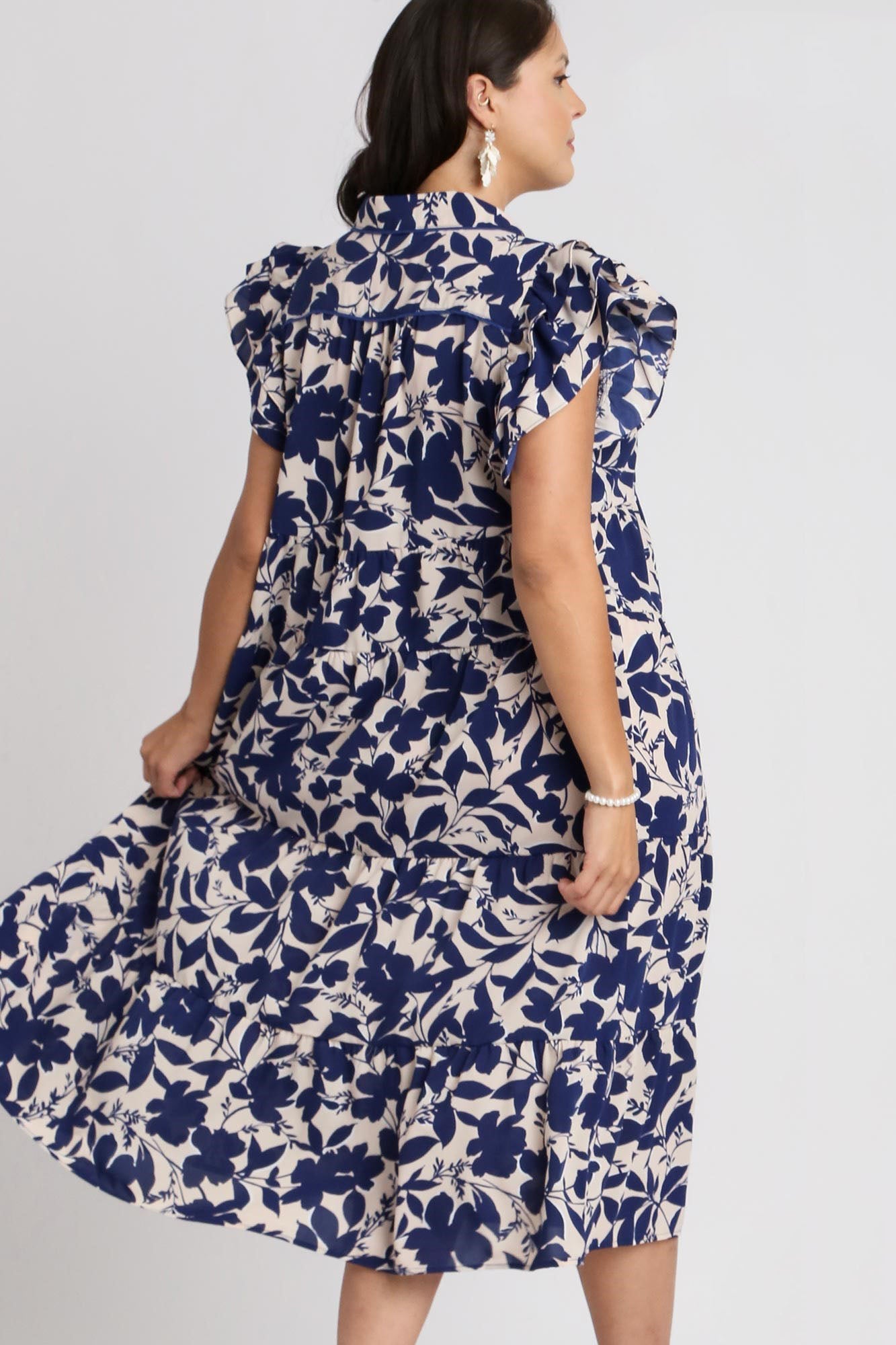 Floral Collared Ruffle Cap Sleeve Midi Dress - Drazelle Store