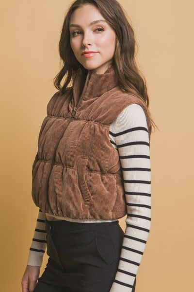 Love Tree Corduroy Zip Up Puffer Vest with Pockets - Drazelle Store