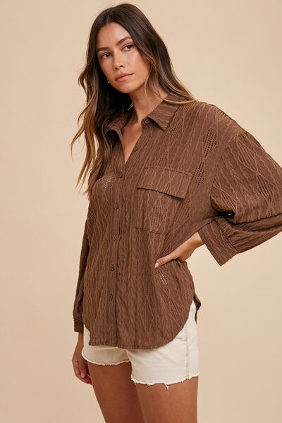 Annie Wear Openwork Button Down Drop Shoulder Shirt - Drazelle Store