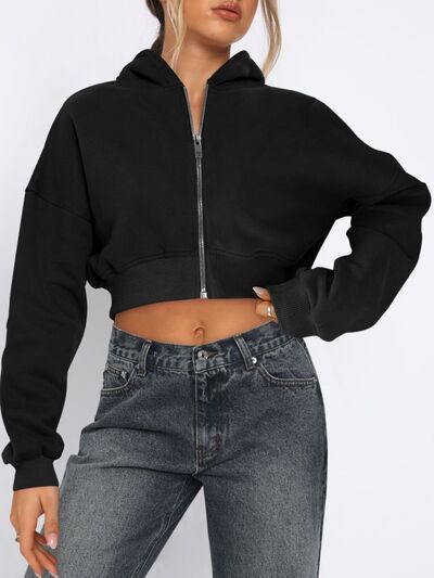 Zip Up Long Sleeve Hooded Cropped Jacket - Drazelle Store