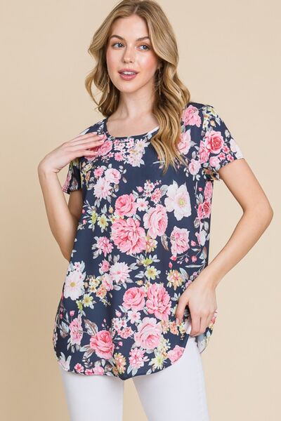 BOMBOM Floral Round Neck Short Sleeve T-Shirt - Drazelle Store