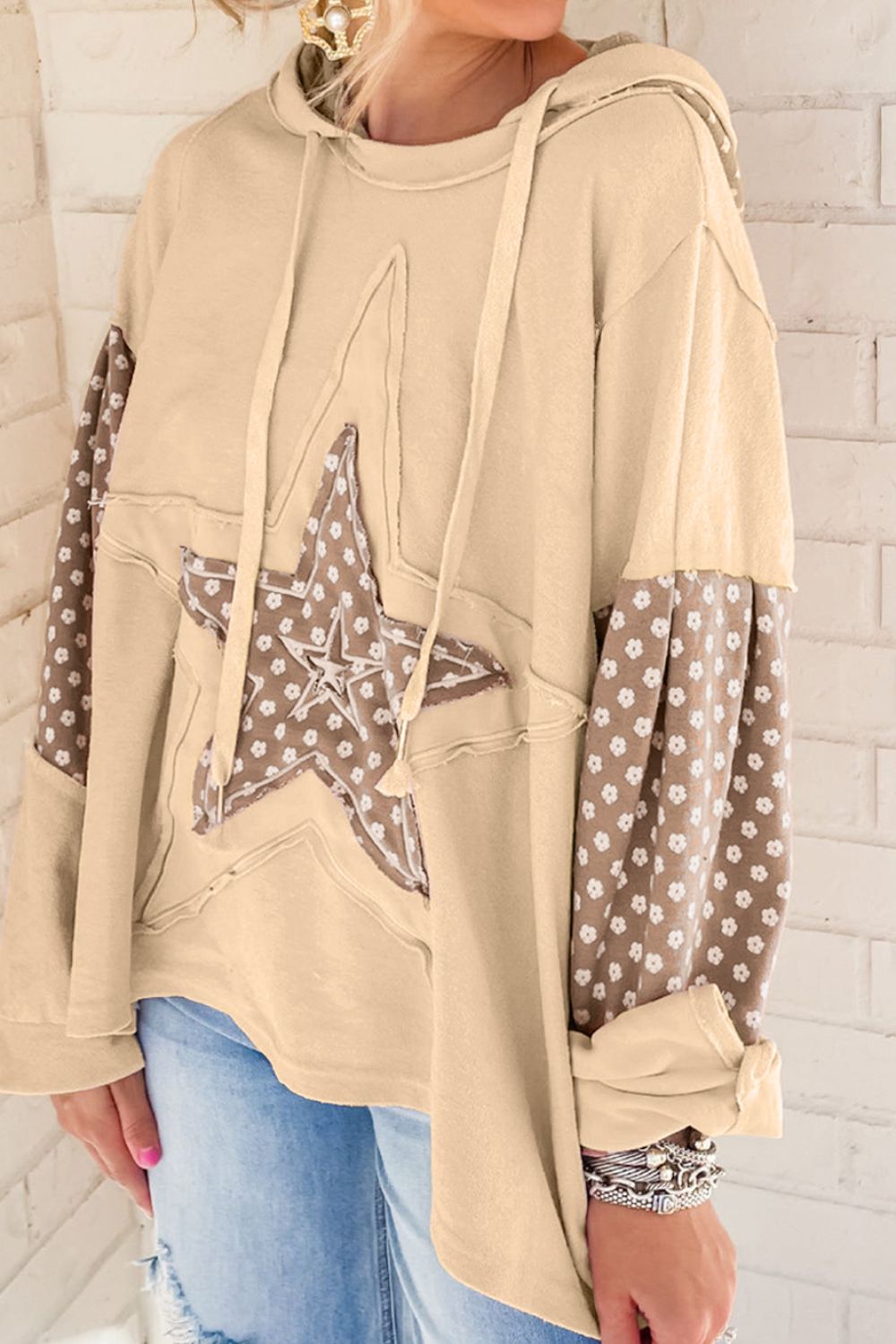 Floral Patchwork Star Pattern Drawstring Hoodie - Drazelle Store