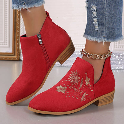 Embroidered Suede Point Toe Block Heel Boots - Drazelle Store