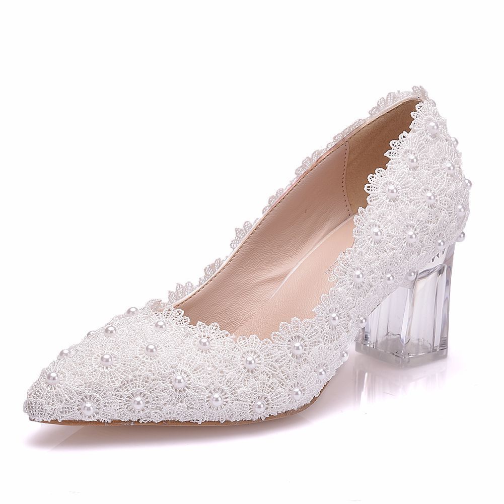 7cm Crystal Clear Chunky Heels - Drazelle Store