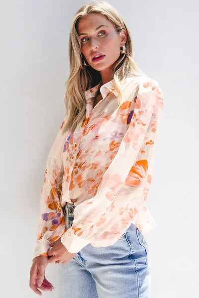 Printed Collared Neck Long Sleeve Shirt - Drazelle Store