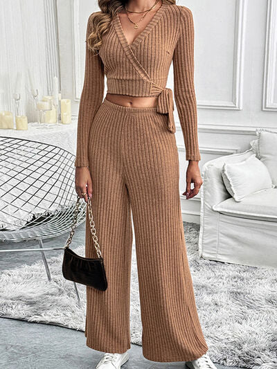 Perfee Surplice Long Sleeve Top and Pants Set - Drazelle Store