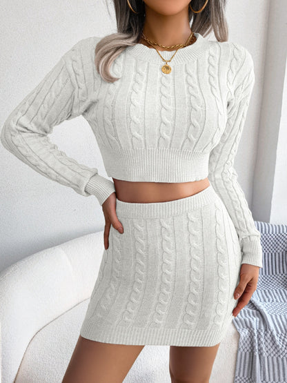 Cable-Knit Round Neck Top and Skirt Sweater Set - Drazelle Store