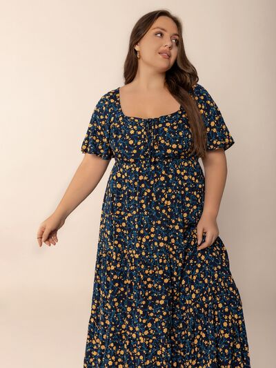 Plus Size Printed Short Sleeve Slit Tiered Maxi Dress - Drazelle Store