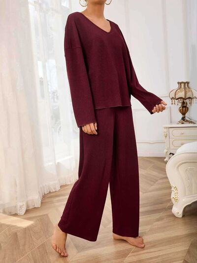 V-Neck Long Sleeve Top and Wide Leg Pants Set - Drazelle Store