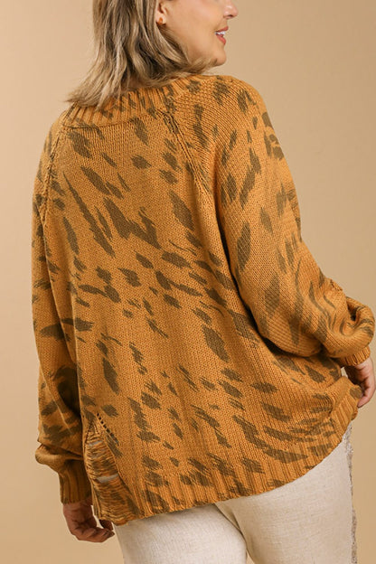 Animal Print Round Neck Distressed Detail Sweater - Drazelle Store