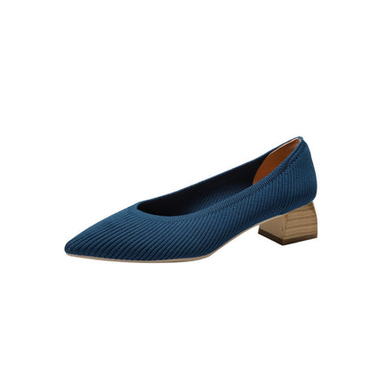 Wood Grain Thick Heel Pointed Breathable Casual Pumps - Drazelle Store