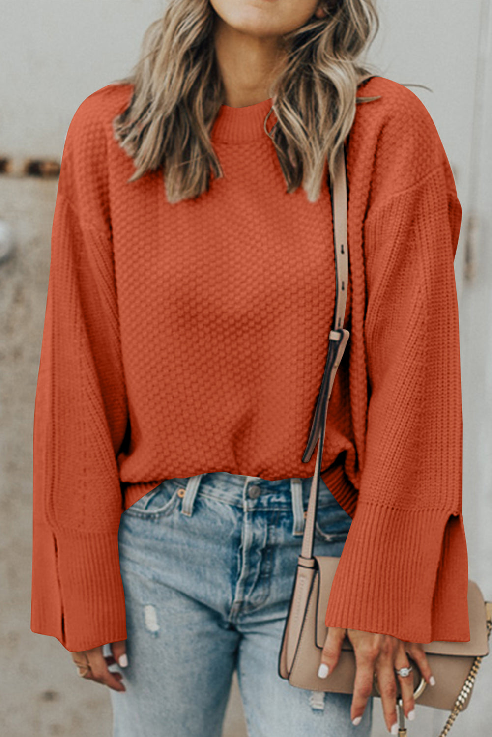 Textured Round Neck Long Sleeve Sweater - Drazelle Store