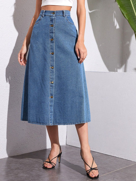 Buttoned Midi Denim Skirt with Pockets - Drazelle Store