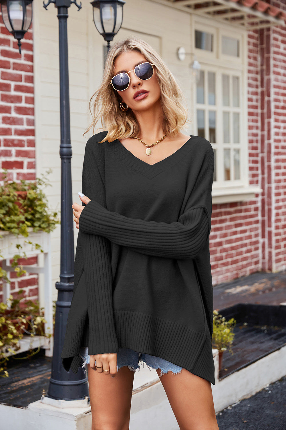 Slit V-Neck Dropped Shoulder Sweater - Drazelle Store