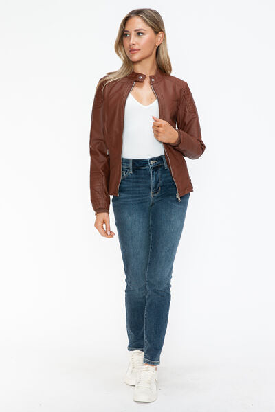 Snobbish Faux Leather Biker Jacket with Side Zip Pockets - Drazelle Store