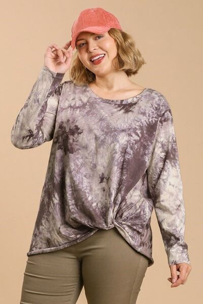 Umgee Full Size Tie Dye Front Gathered Detail Round Neck Long Sleeve T-Shirt Plus Size - Drazelle Store