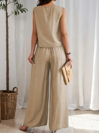 Round Neck Sleeveless Top and Wide Leg Pants Set - Drazelle Store