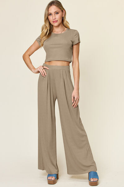 Double Take Full Size Round Neck Top and Pants Set - Drazelle Store