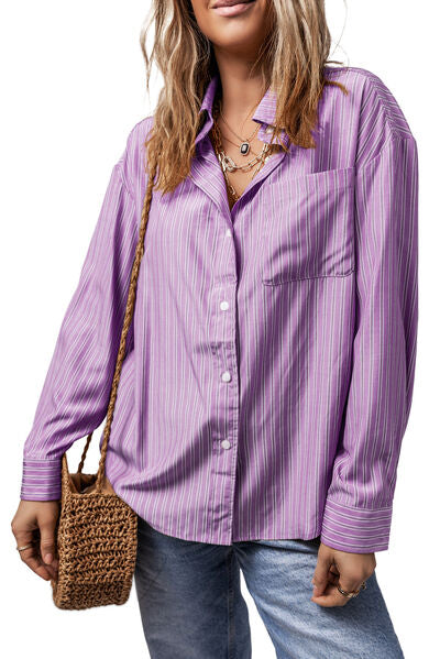 Striped Button Up Long Sleeve Shirt - Drazelle Store