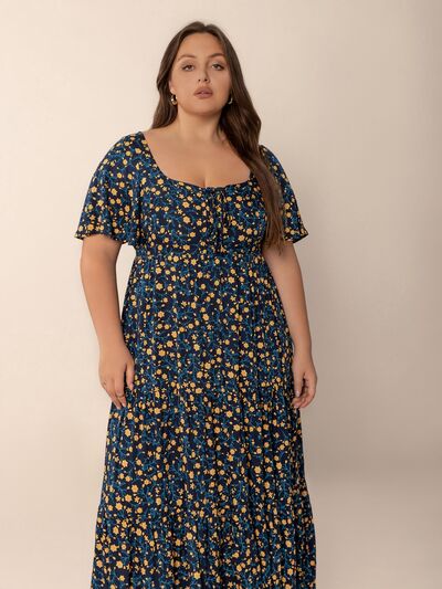 Plus Size Printed Short Sleeve Slit Tiered Maxi Dress - Drazelle Store