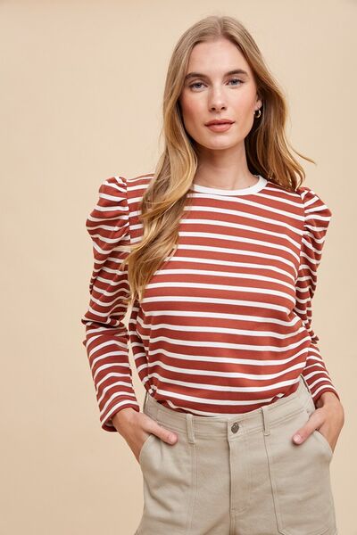 Annie Wear Striped Round Neck Puff Sleeve French Terry Top - Drazelle Store