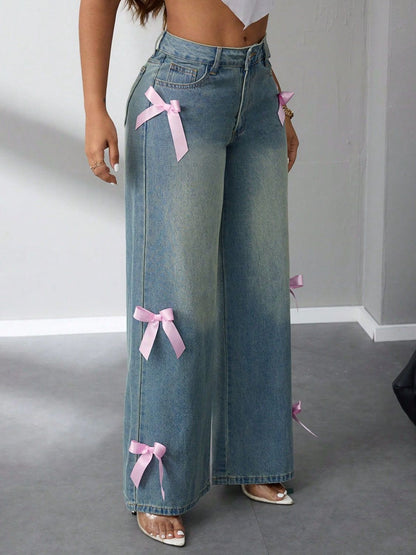 Bow High Rise Wide Leg Jeans - Drazelle Store