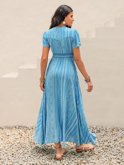 Printed Button Down Short Sleeve Maxi Dress - Drazelle Store