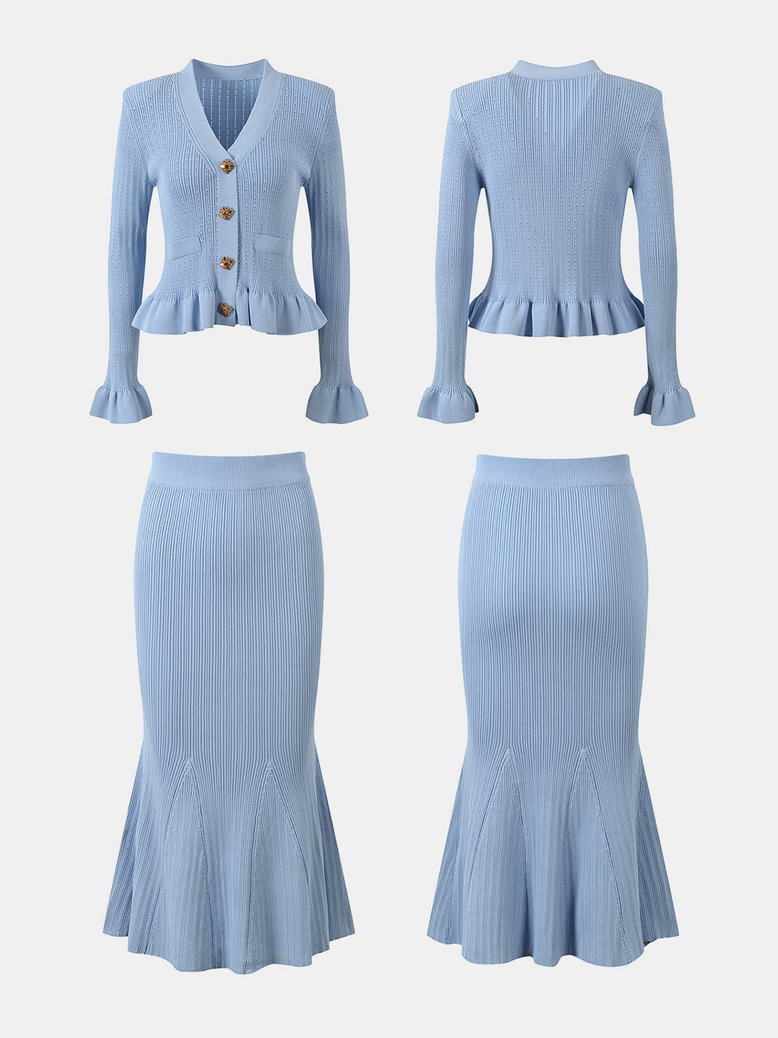 Ruffled V-Neck Top and Midi Skirt Sweater Set - Drazelle Store