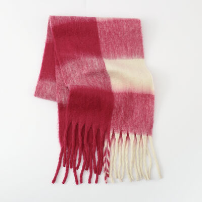 Fringe Contrast Plaid Polyester Scarf - Drazelle Store