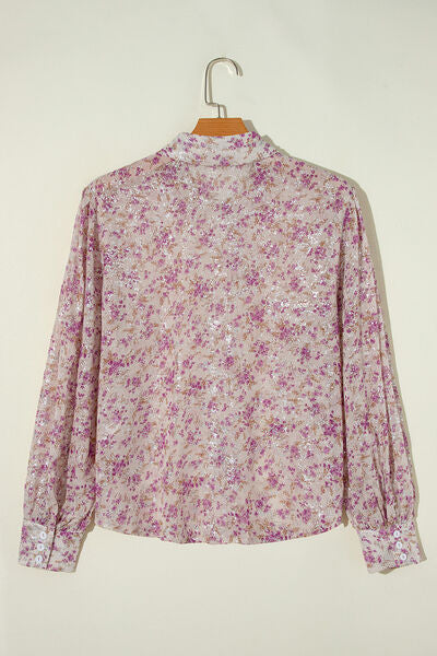 Printed Collared Neck Long Sleeve Shirt - Drazelle Store