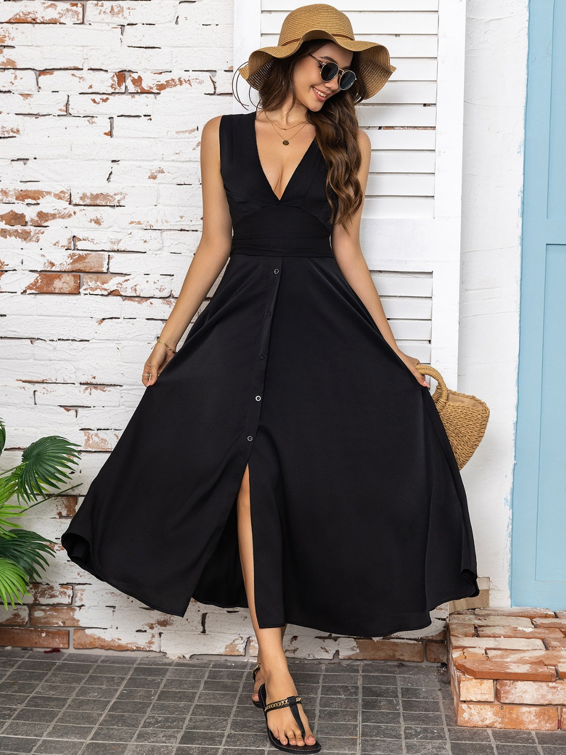 Full Size Slit V-Neck Sleeveless Midi Dress - Drazelle Store